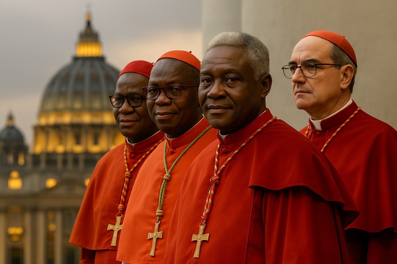 Cardinals standing before St. Peter’s Basilica, potential successors to Pope Francis during the Vatican conclave
