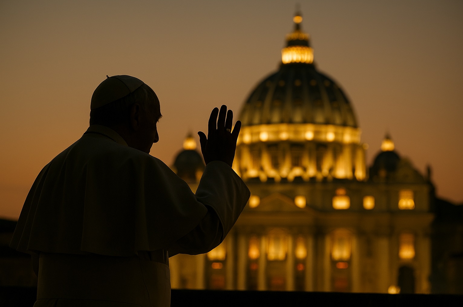 Pope Francis silhouetted against St. Peter’s Basilica at sunset, waving farewell and the end of an era
