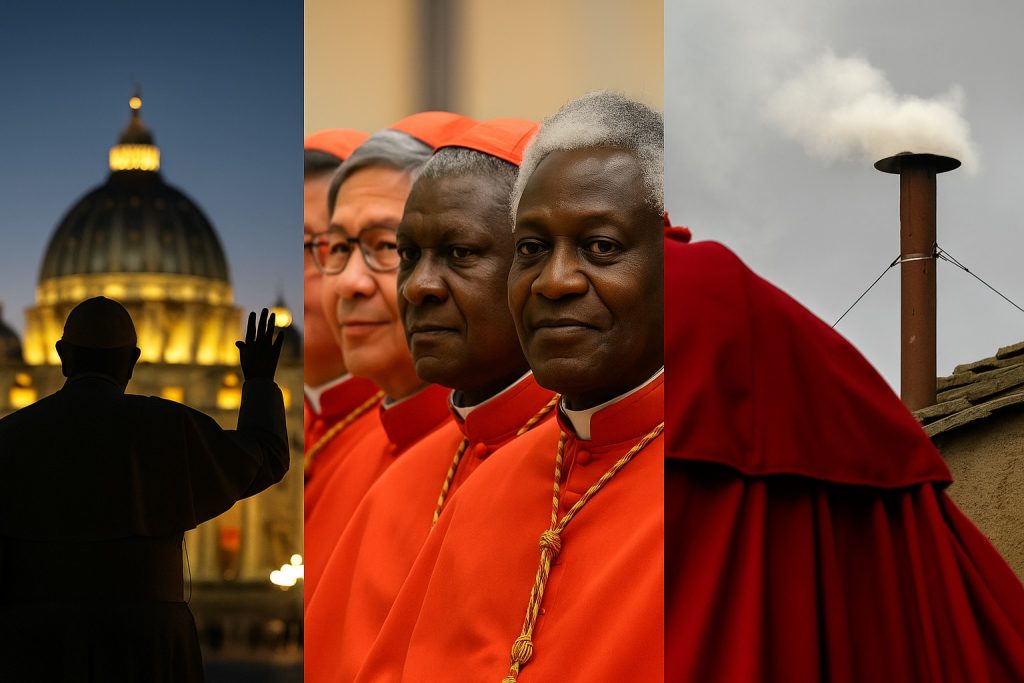 Composite image showing Pope Francis waving at dusk, four Catholic cardinals standing together, and white smoke rising from a conclave chimney.
