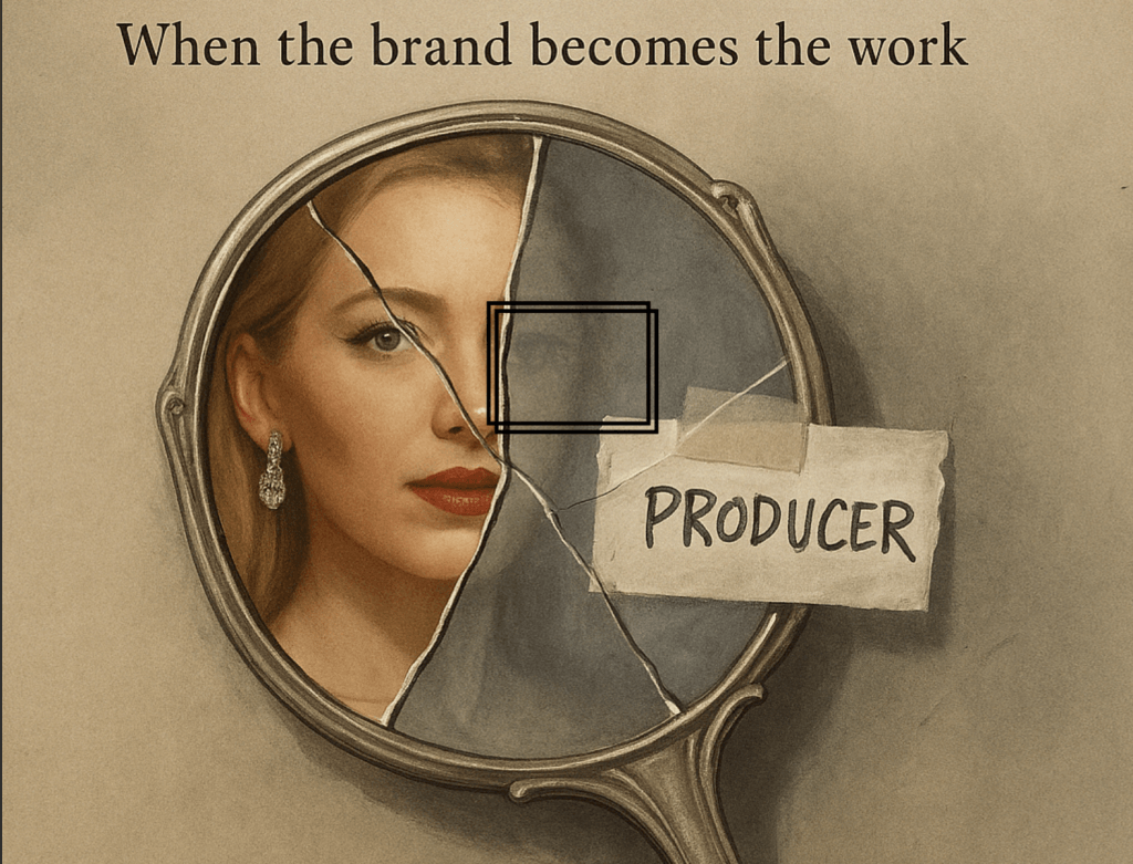 Fake PR Feminism - A cracked vintage handheld mirror reflects a glamorous blonde woman on one side and a foggy, broken side with a taped “PRODUCER” label on the other.