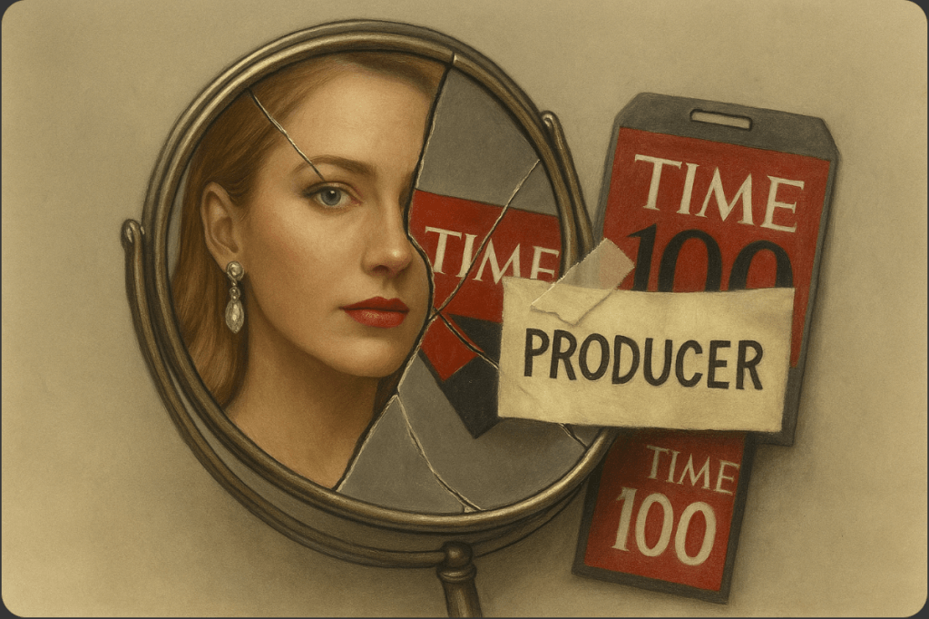Celebrity influence - A cracked handheld mirror reflects a glamorous woman with a “PRODUCER” label, with TIME100 passes in the background.