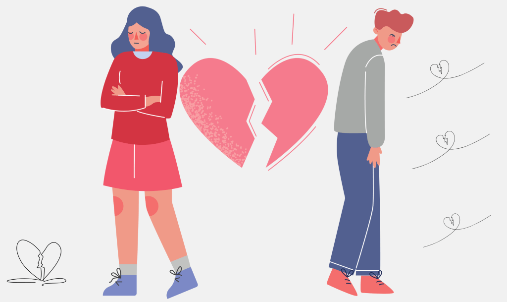Illustration of a sad couple standing apart with a broken heart between them, symbolizing emotional separation and the aftermath of a breakup.