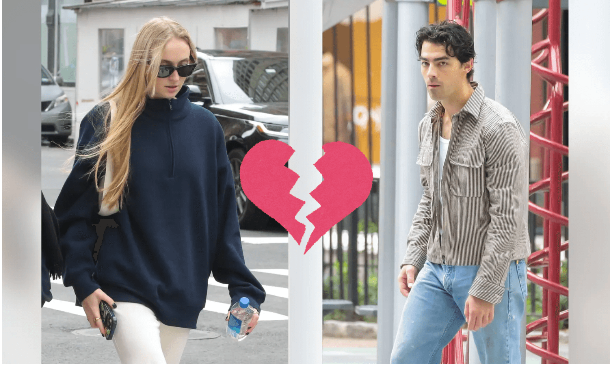 Sophie Turner and Joe Jonas walking separately in public, with a broken heart graphic between them, symbolizing their recent breakup and emotional distance.