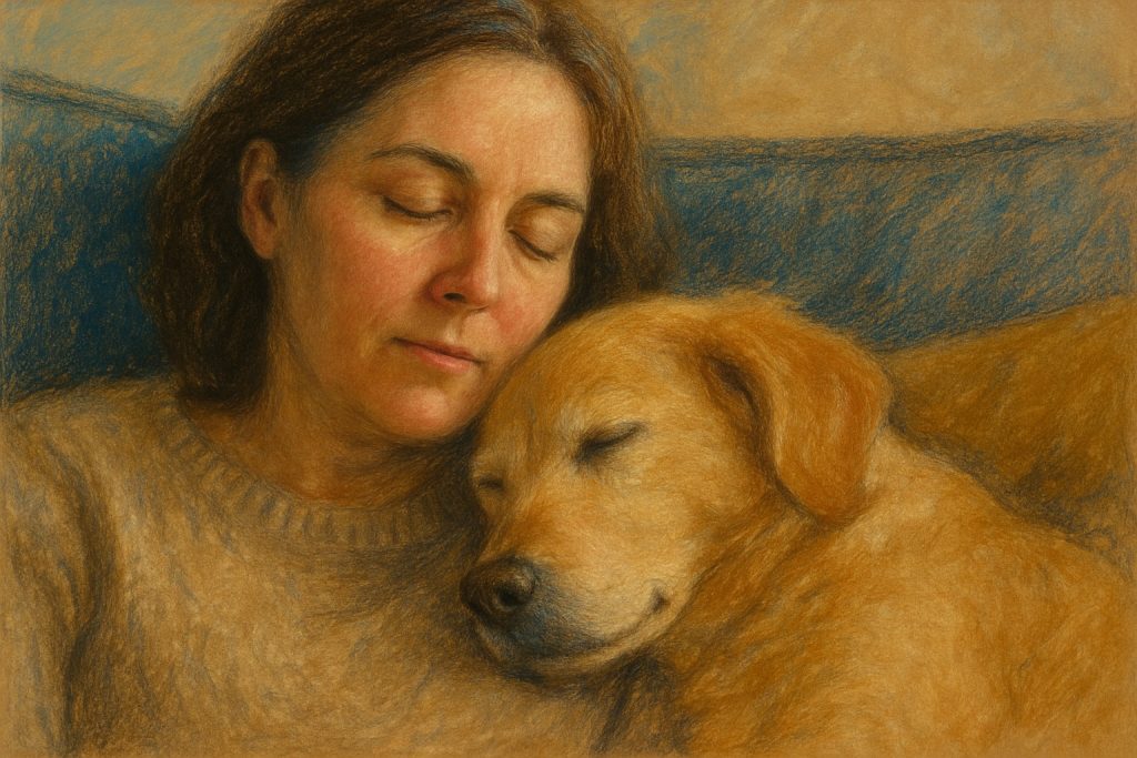 Pastel painting of a woman resting with her dog, symbolizing comfort, quiet affection, and emotional survival in modern relationships.