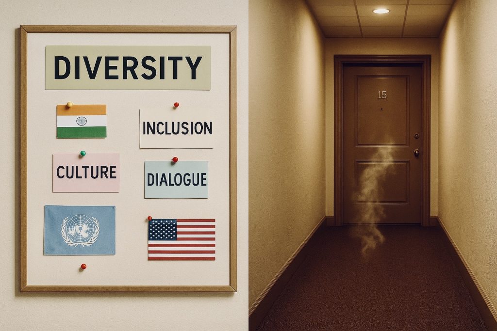 Smelly Food - Split illustration showing a “Diversity” bulletin board with inclusion buzzwords on one side and a cooking smell coming from an apartment door on the other, highlighting the contrast between theory and lived experience.