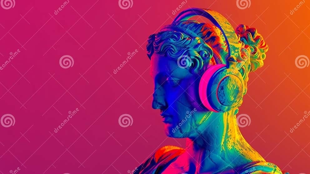 A classical marble statue of Venus wearing modern headphones, digitally colored with neon gradients. The image represents the intersection of traditional art and contemporary pop culture.