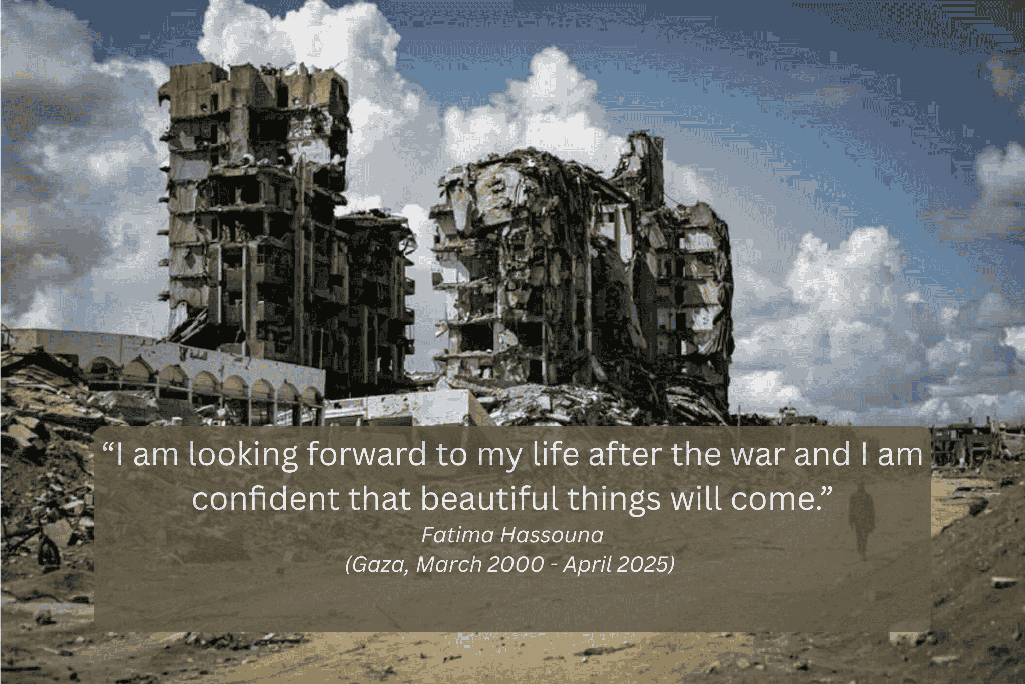 Art as Resistance - Destroyed buildings in Gaza with a quote overlaid from Fatima Hassouna about hope after war.