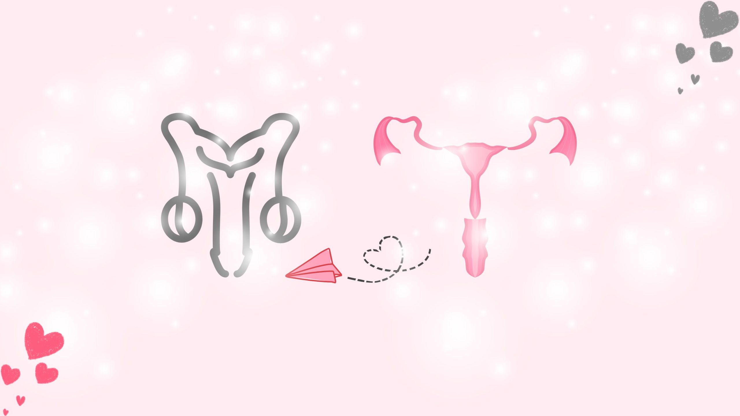 Size doesn't matter- Playful illustration of male and female reproductive systems with a heart-shaped paper plane path, symbolizing connection beyond anatomy.