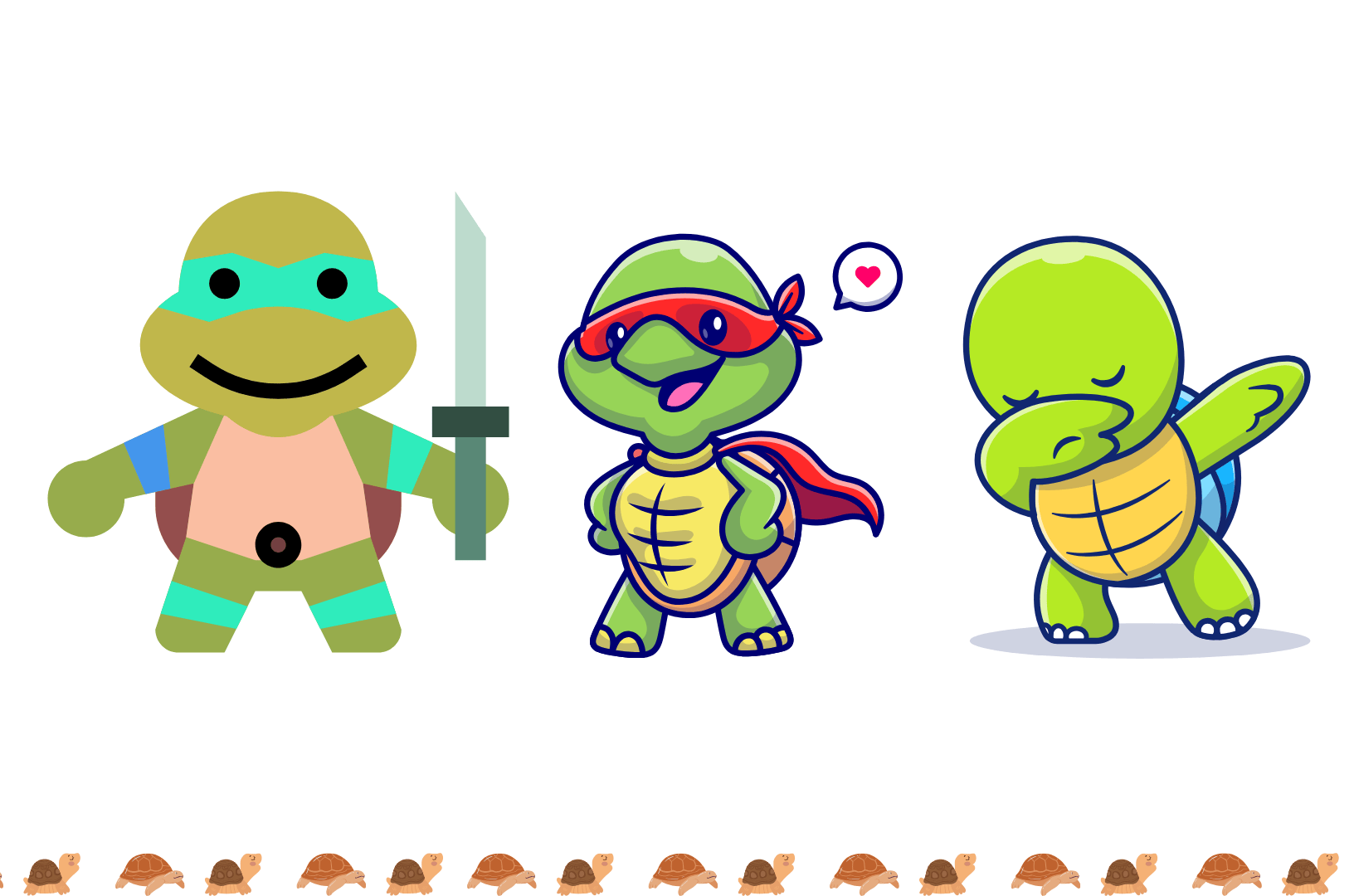 Turtle in human culture - Cartoon turtles in superhero costumes and playful poses representing pop culture icons