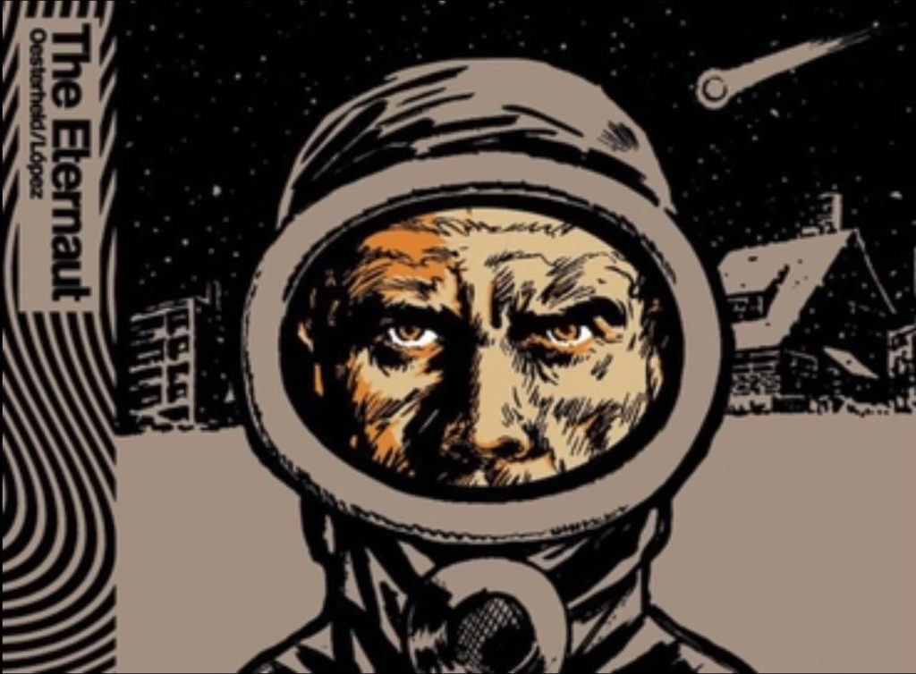 Art as resistance - Illustrated close-up of Juan Salvo in a hazmat suit from The Eternaut comic, with starry night and falling comet in the background.