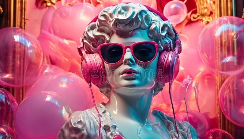 A classical marble statue wearing pink headphones and sunglasses, surrounded by pink balloons — a surreal take on what counts as cultured in today’s pop remix era.
