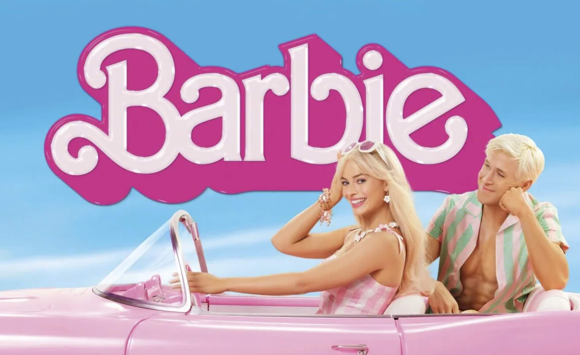 Movies directed by women - Margot Robbie as Barbie smiles while driving a pink convertible with Ryan Gosling as Ken beside her, against a bright blue sky with a large pink Barbie logo in the background.
