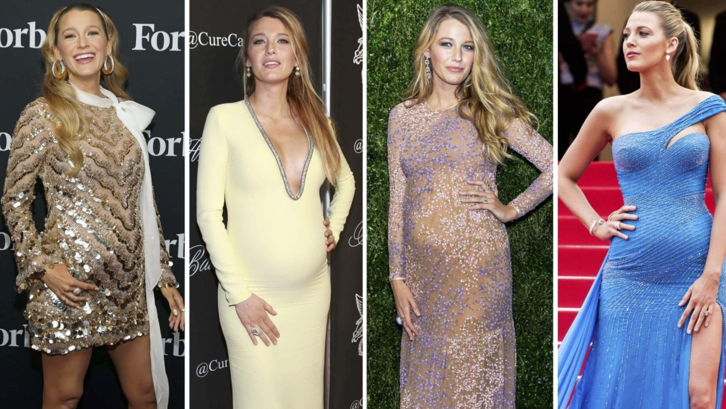 Hollywood Relationship Terms - Blake Lively shown during four different pregnancies, each at a red carpet or public event, wearing elegant designer gowns.