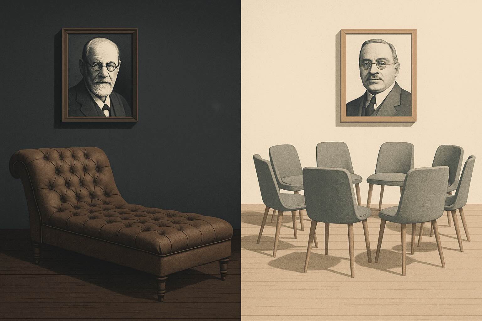 Split illustration of a vintage therapist’s couch on one side and a circle of chairs on the other, symbolizing Freud vs Adler therapy models.