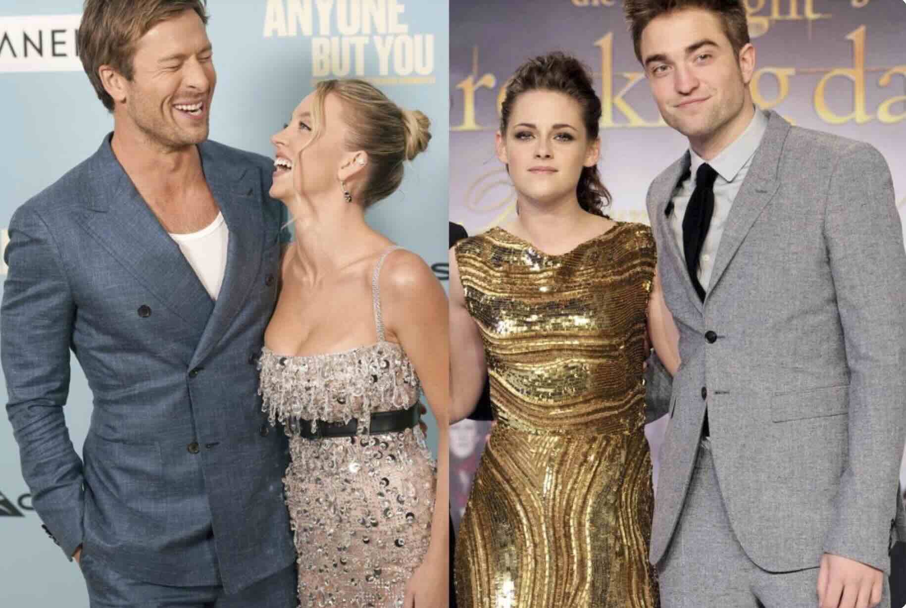 Hollywood Relationship Terms - Glen Powell laughing with Sydney Sweeney, and Kristen Stewart standing beside Robert Pattinson in coordinated premiere outfits at separate red carpet events.
