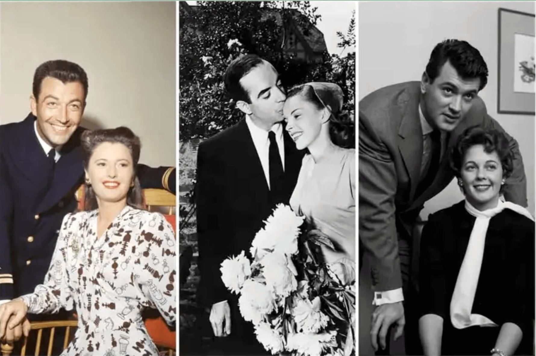 Three vintage celebrity couples from Old Hollywood, often speculated to be in lavender marriages, shown in formal and wedding-style portraits.