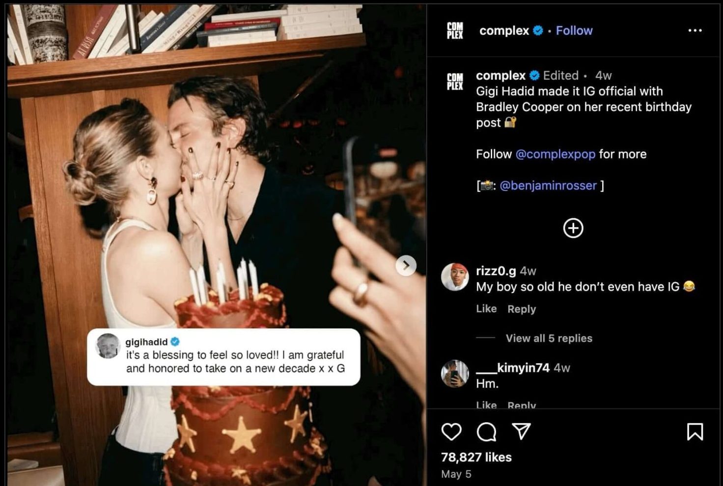 Hollywood Relationship Terms - Gigi Hadid and Bradley Cooper kiss behind a birthday cake in a dimly lit room, confirming their relationship via Instagram with a caption about feeling loved and grateful.