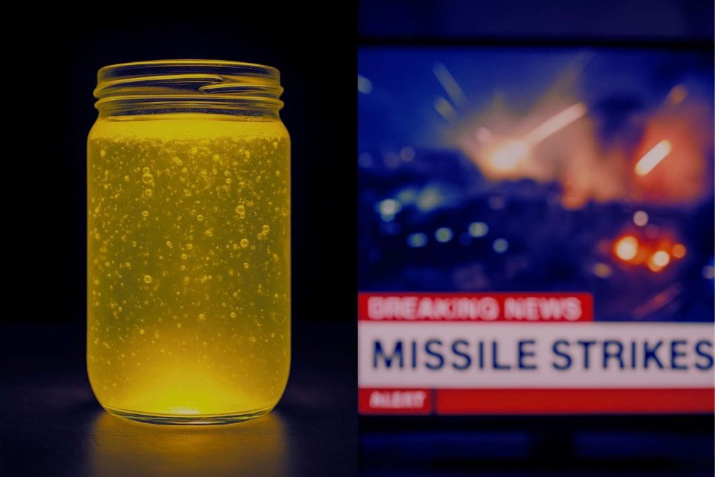 Side-by-side comparison of a glowing water experiment and a war-themed meme, reflecting 2025 internet culture.