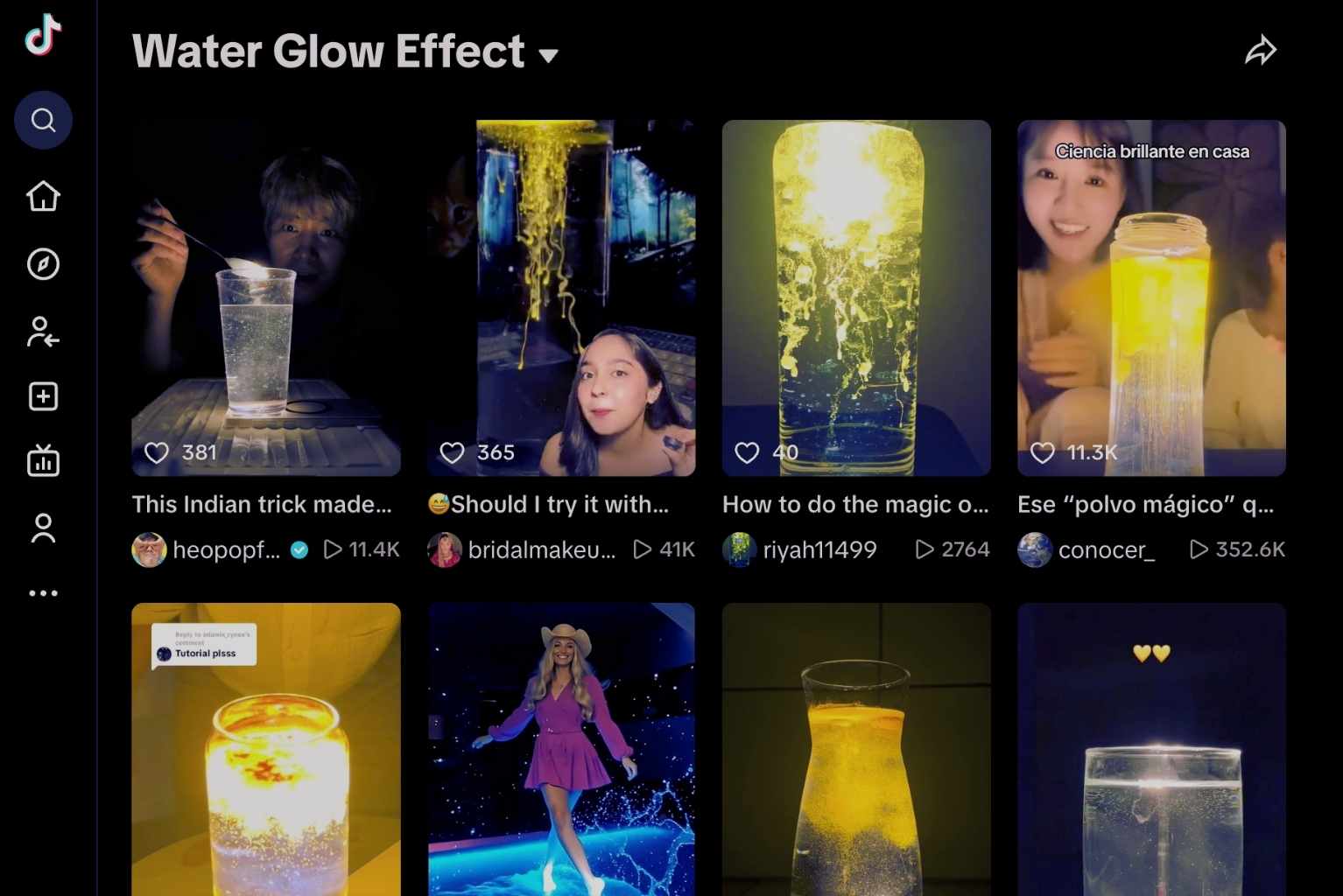 Emotional Survivor in 2025 - Screenshot of TikTok videos showing the Water Glow Effect trend, with glowing liquid experiments in jars and glasses.