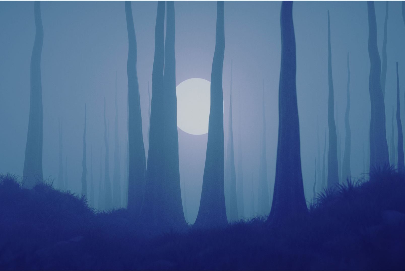 Why Nightmares Happen - A foggy, surreal forest with tall, thin trees under a pale moonlight