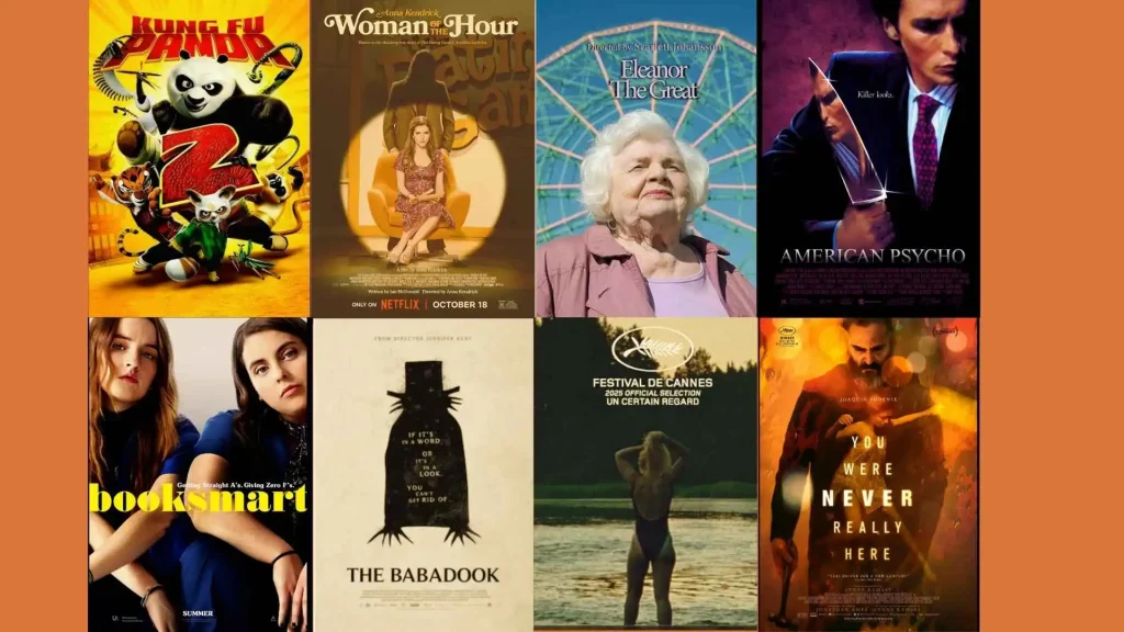 Movies directed by women - A collage of eight movie posters, each directed by a female filmmaker, including Kung Fu Panda 2, Woman of the Hour, Eleanor the Great, American Psycho, Booksmart, The Babadook, The Chronology of Water, and You Were Never Really Here.