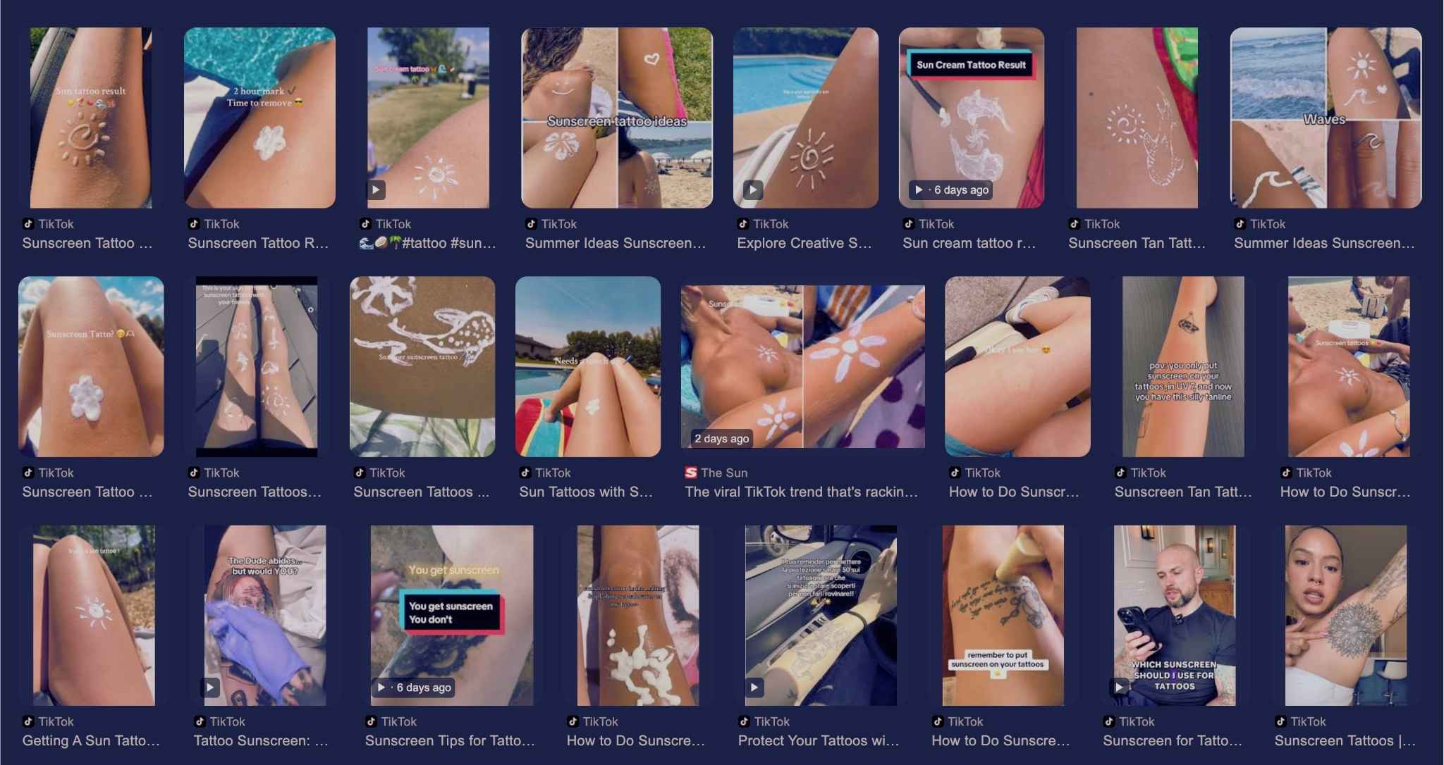 Sunscreen tattoo trend - Screenshot of various TikTok sunscreen tattoo videos showing creative designs across arms, legs, and backs.
