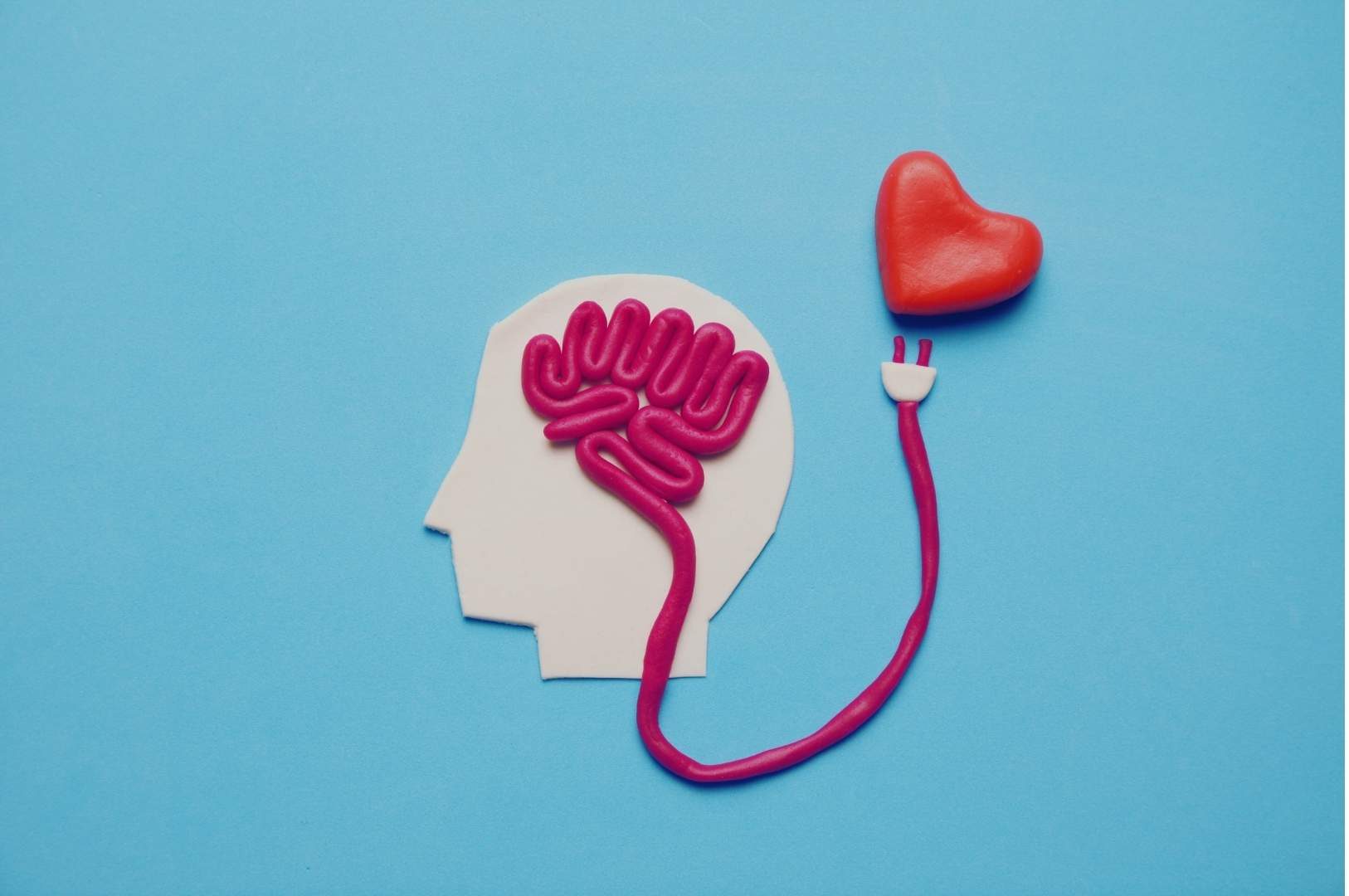 Why we ignore red flags in love - clay illustration of a brain connected by a cable to a red heart, symbolizing the neurological connection between love, reward circuits, and softened judgment.