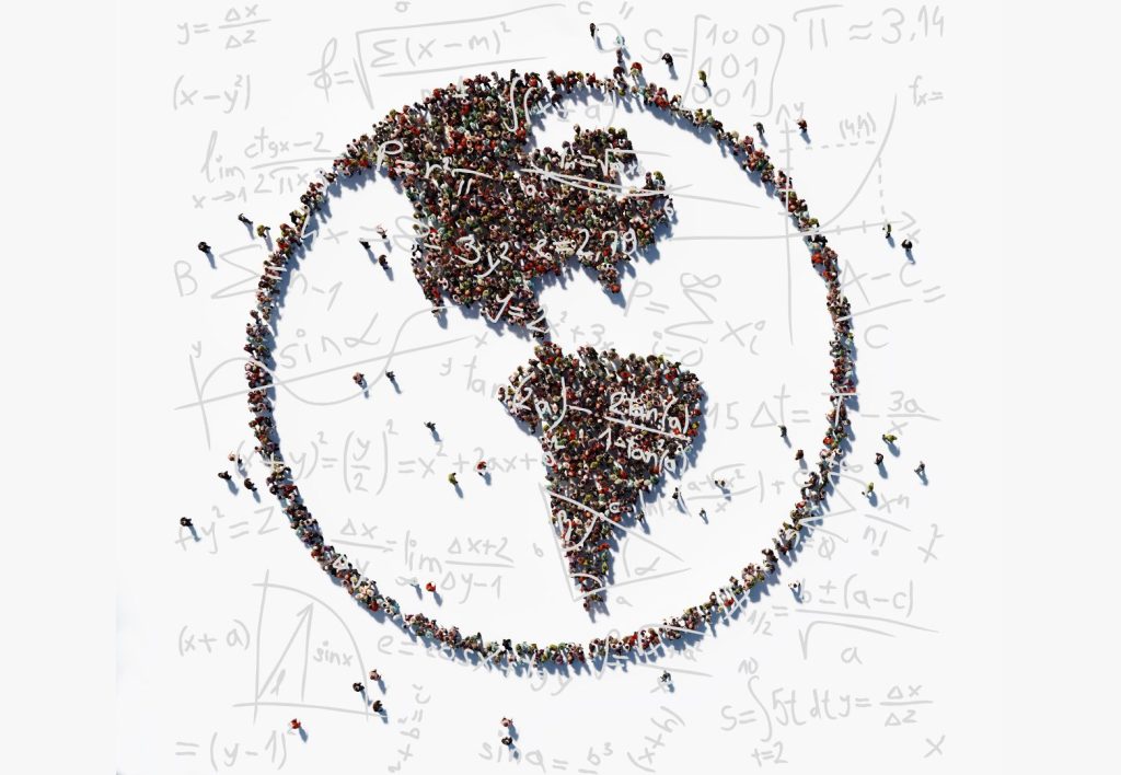 Free will and survival - Crowd of people forming a world map surrounded by mathematical formulas, symbolizing humanity as data and patterns.