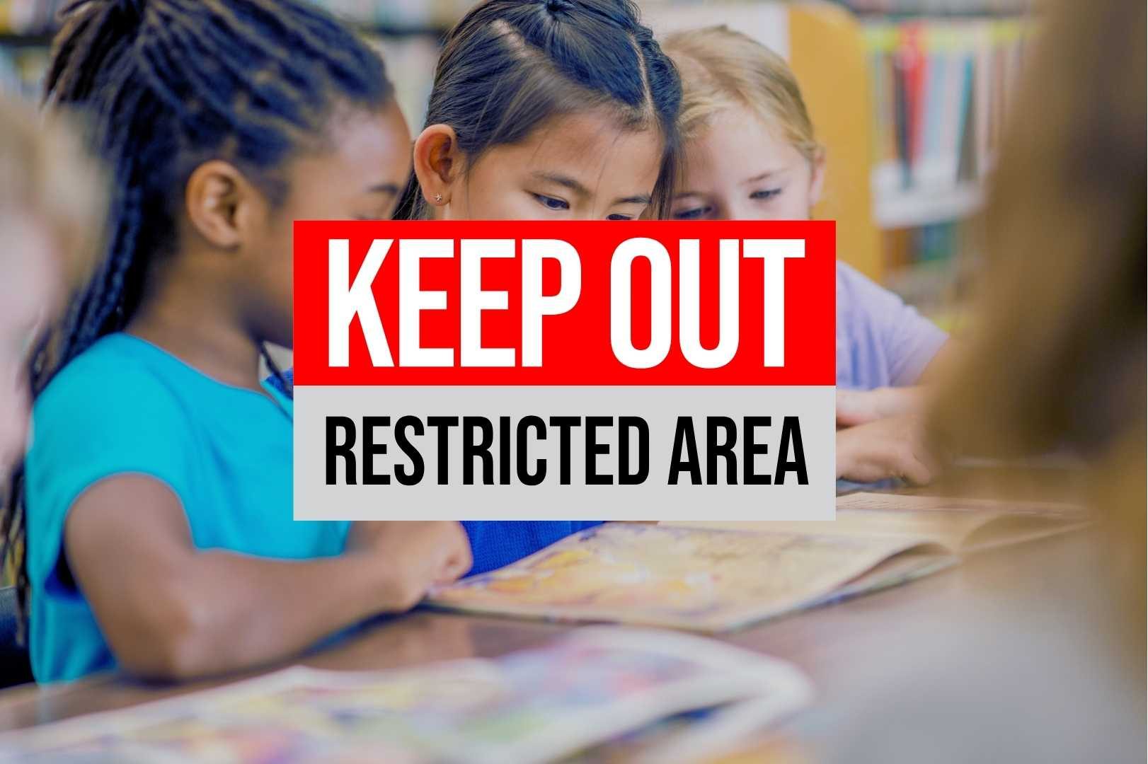 Permision economy - Children reading together with a bold “KEEP OUT – RESTRICTED AREA” overlay, symbolizing digital spaces meant for kids.