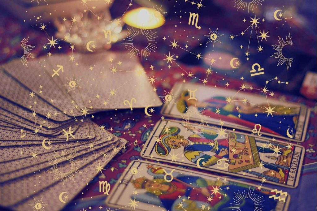 Gen Z astrology spiritual side hustle - Tarot cards with zodiac symbols representing Gen Z spirituality.