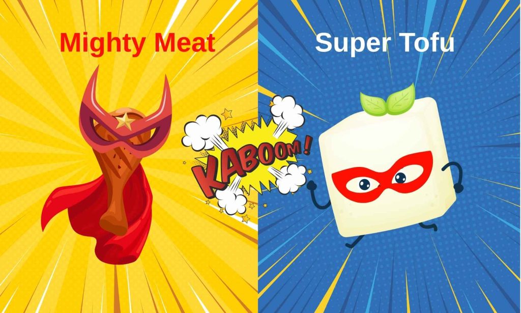 Diet wars illustration: Mighty Meat vs Super Diet wars as modern religion - Tofu superhero showdown representing modern diet battles