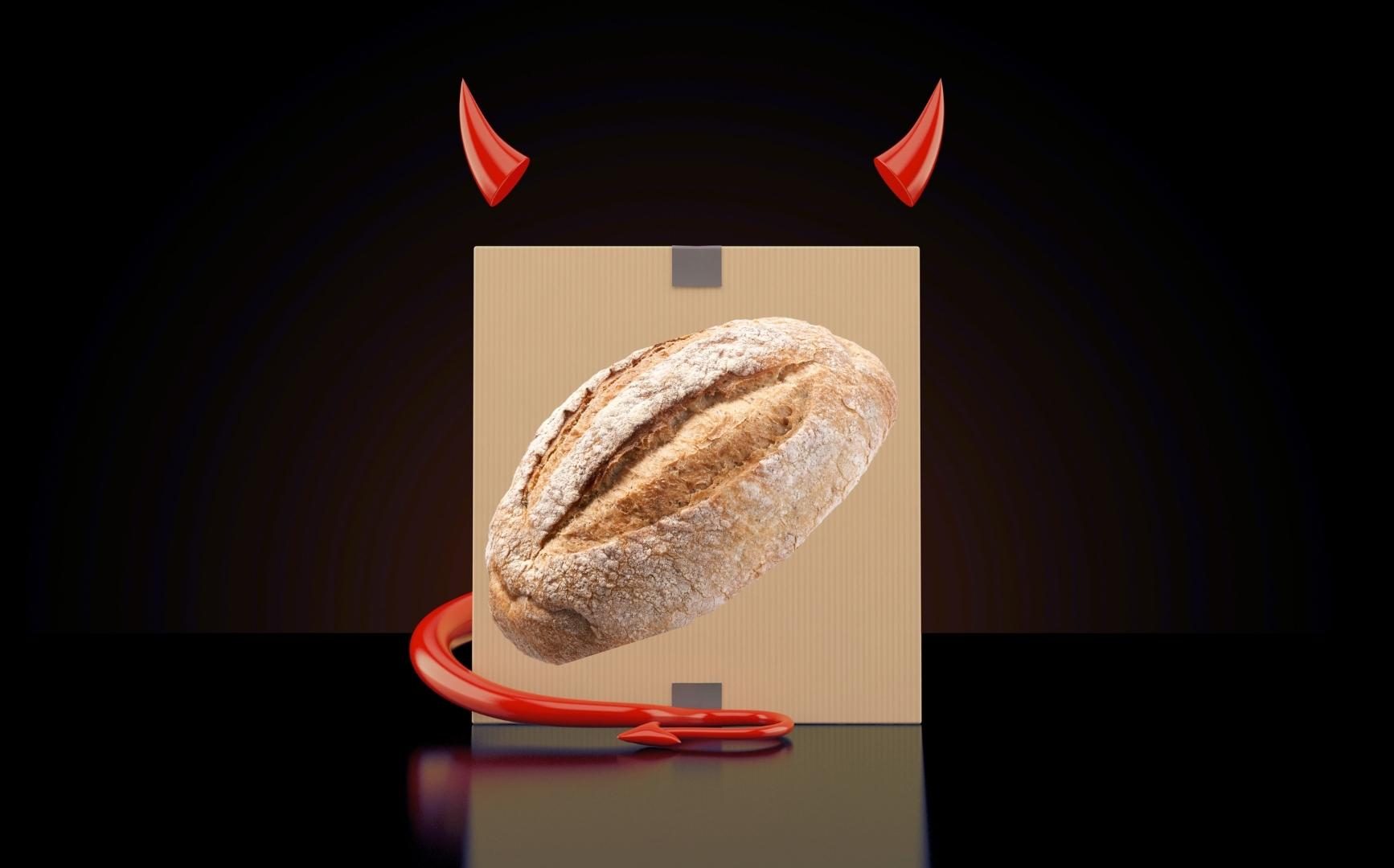 diet wars as modern religion visual metaphor showing bread as the devil with horns and tail.