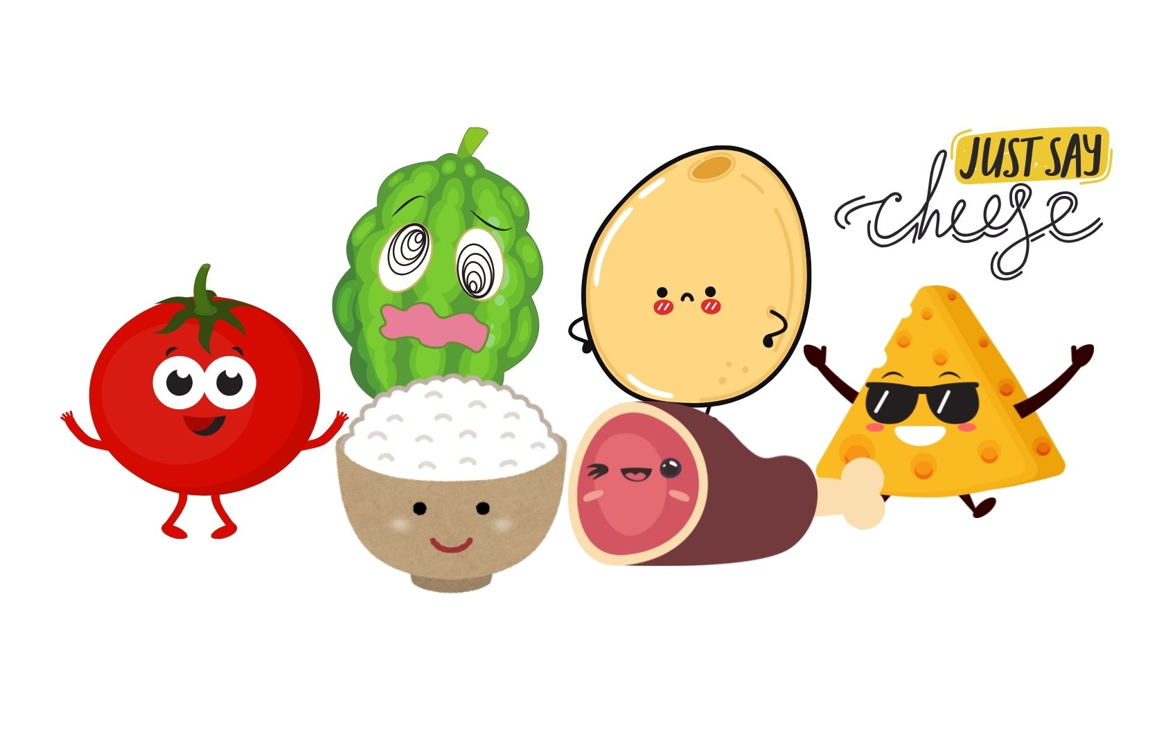 diet wars as modern religion illustrated with cartoon foods: tomato, cheese, rice, meat, egg, and melon as playful characters.