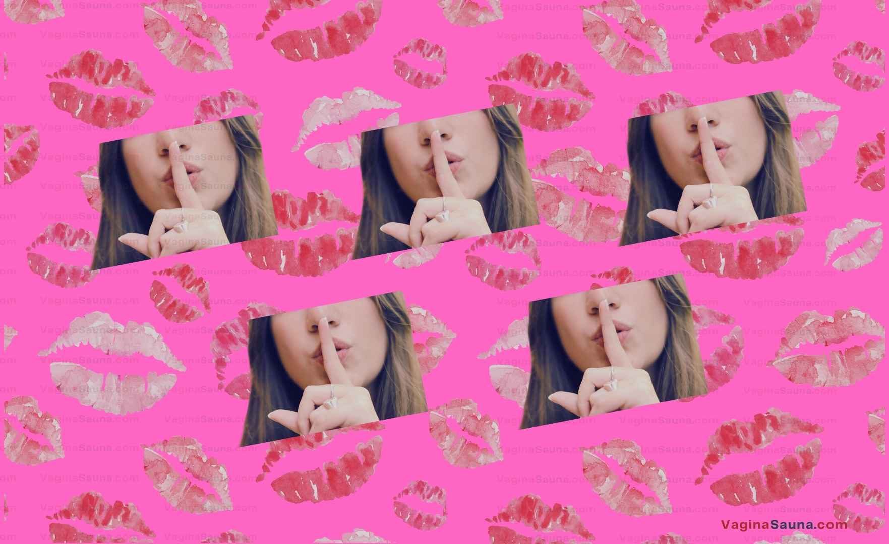 How to gossip responsibly – woman making a shushing gesture with pink lipstick kiss background.