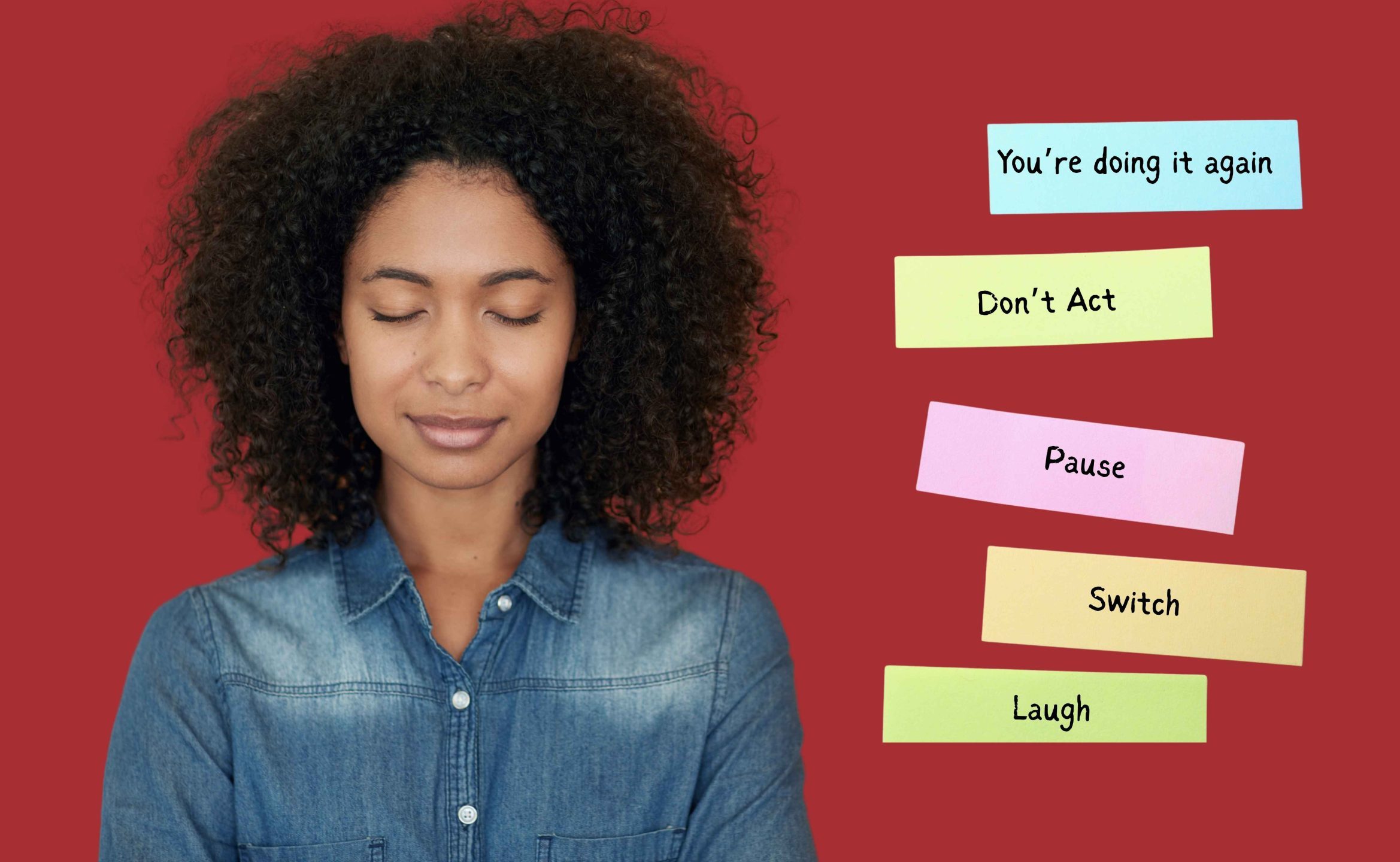 Overthinking loop — cognitive labeling with sticky notes as a gentle way to stop spiraling thoughts.