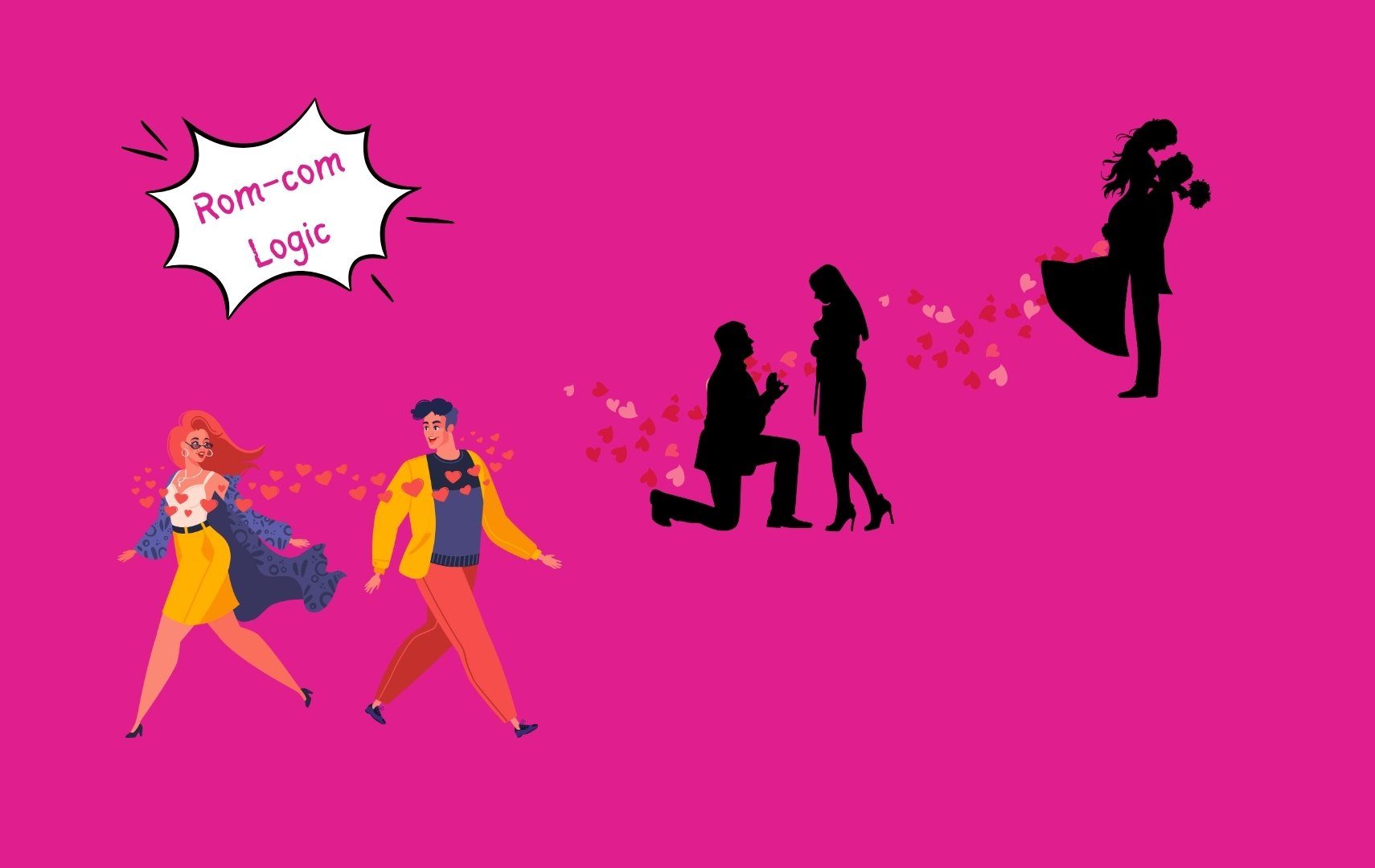 Illustration of rom-com logic with a couple walking with hearts, a proposal scene, and a wedding couple on a bright pink background.