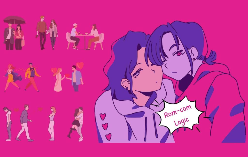 Rom-com Logic - Pink illustration featuring multiple cartoon couples in romantic scenarios, with a larger central drawing of two people close together and a text bubble that reads “Rom-com Logic.”