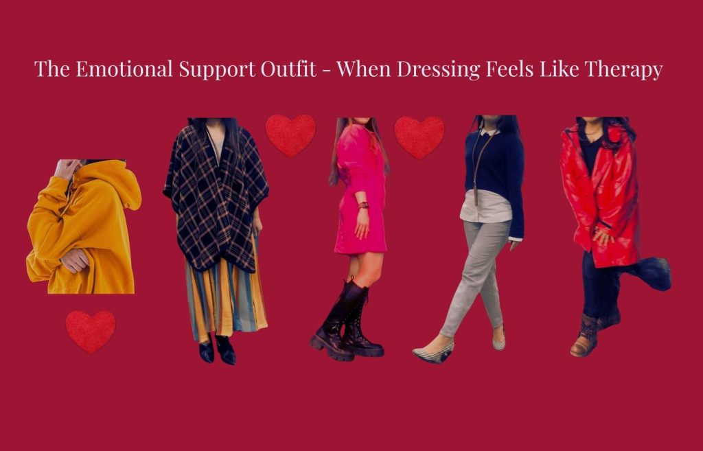 Emotional support outfit -collage showing five looks, yellow hoodie, plaid shawl, pink dress, layered neutrals, and red raincoat -symbolizing comfort and confidence.