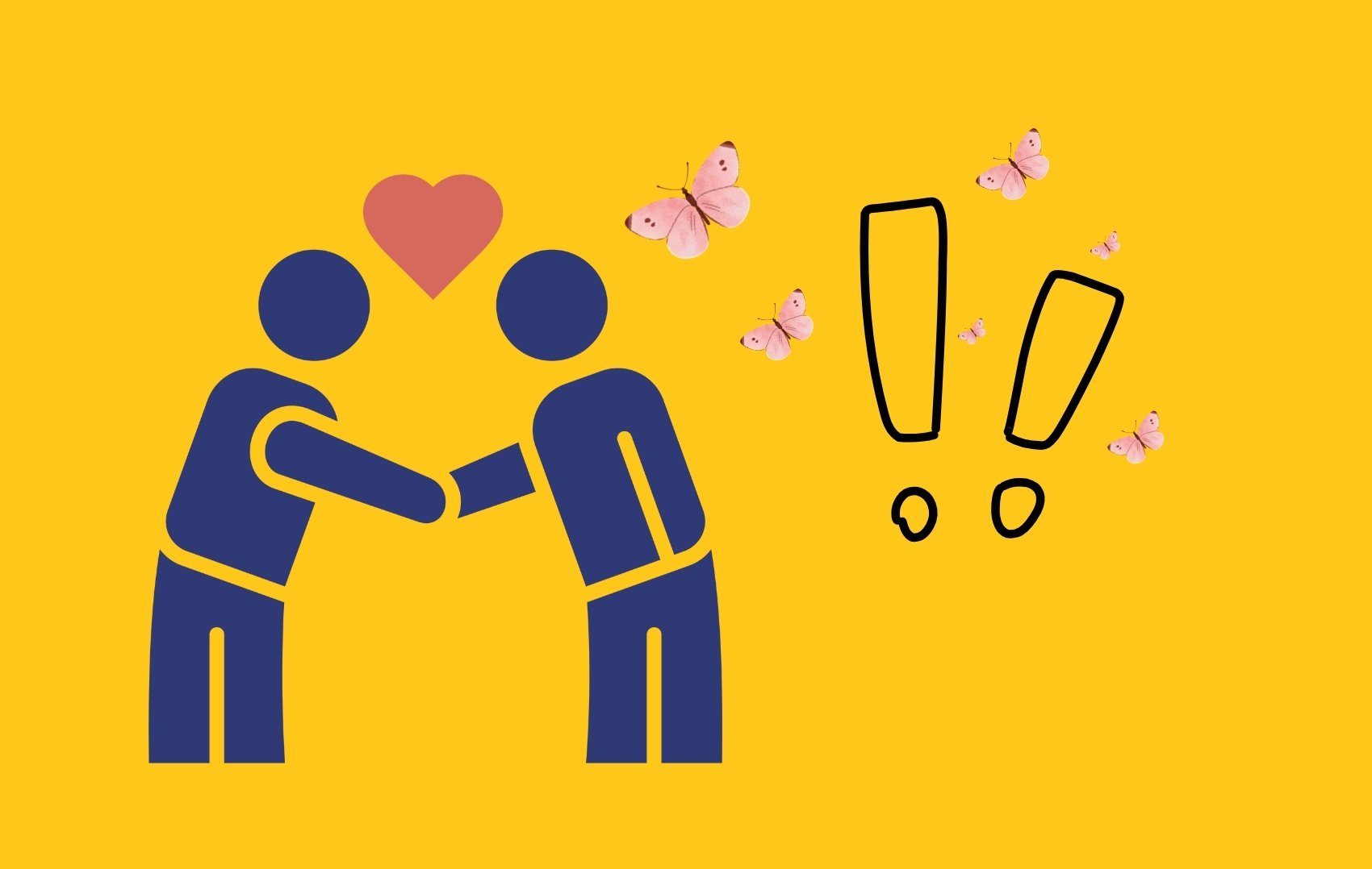 Over-Politeness, Illustration of two stick-figure people shaking hands with a heart above them and butterflies around, next to two exclamation marks.
