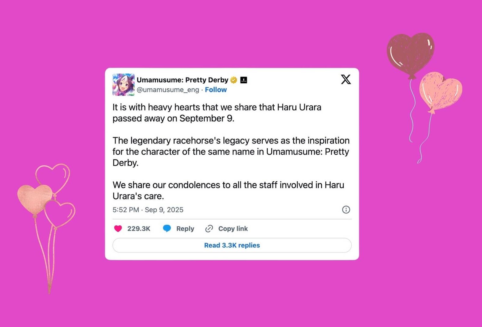 Cinderella Gray female rivalry - Official Umamusume: Pretty Derby tweet announcing the passing of Haru Urara, the beloved Japanese racehorse who inspired the anime character, with pink heart balloons on a purple background.
