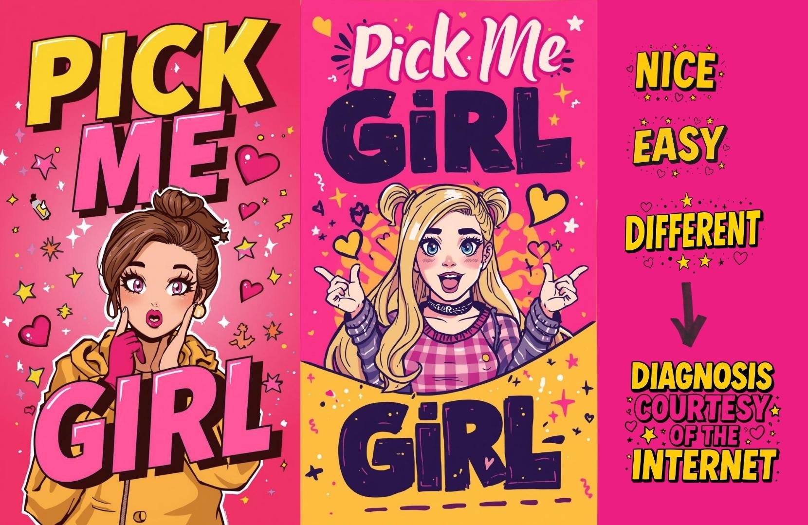 Pick me girl stereotype illustration criticizing internet labels like nice, easy, different
